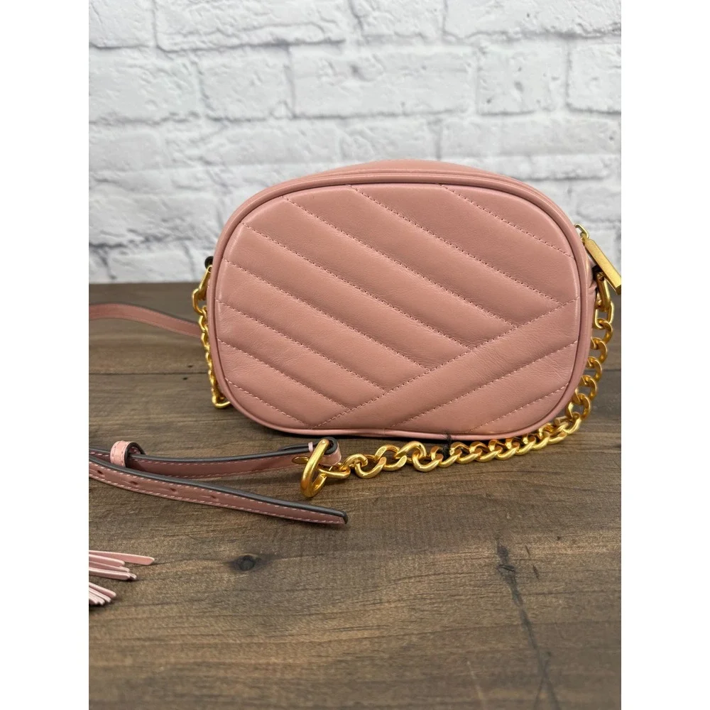Tory Burch Kira Chevron Small Camera Bag Pink Moon Quilted Leather Crossbody